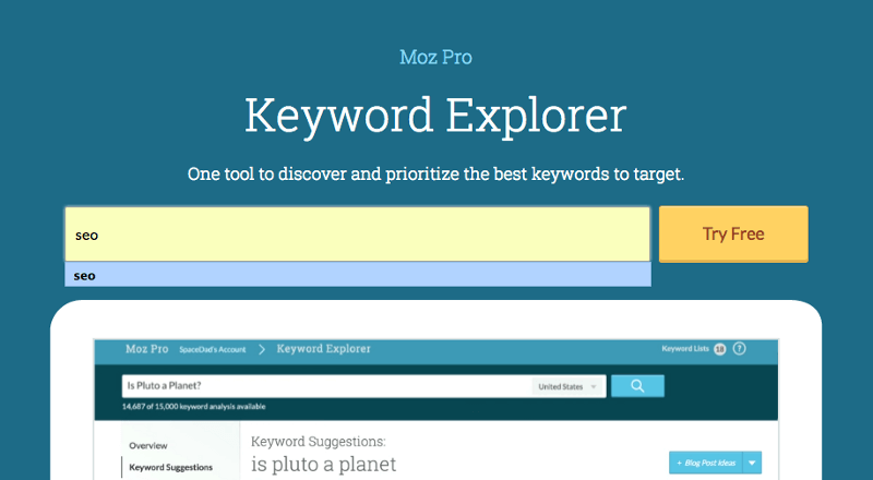 Hãy sử dụng Moz's keyword explorer để tìm kiếm từ khóa thích hợp khi làm SEO Online Marketing.